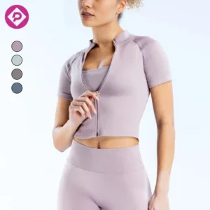 Custom Logo Women's Gym Rib Zip Short Sleeve Jackets Nylon Sculpt Slim Fit T-shirt Breathable Fitness Cropped Yoga Top