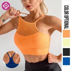 Mesh Breathable Women Quick Dry Gym Wear Yoga Top Vest Running High Support One Piece Chest Pad Sports Bra
