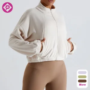 Outdoor Autumn Stand Collar Polar Fleece Jacket With Pockets Warm Solid Color Fleece Coat Cropped Tops for Women