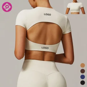 Custom Logo Quick Dry O Neck Hollow Back Short Sleeve Crop Top Fitness Padded Slim Fit Active Yoga Tops Women