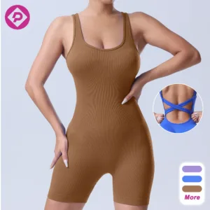 Ribbed Square Neck One Piece Yoga Romper Cross Back Workout Seamless Tank Top Women Sports Jumpsuits
