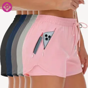 Custom Women Breathable Gym Biker Shorts High Waist Zipper Pockets 2 in 1 Yoga Shorts Active Shorts with Liner