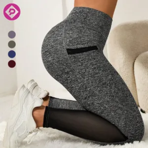 Custom Logo High Waist Breathable Mesh Yoga Pants Double Pockets Solid Tight Gym Women's Butt Lift Leggings