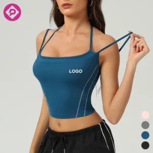 Women's Slim Shoulder Strap Fitness Tank Top Vest Nude Side Stripe Sports Bra Tight Fitting Sports Yoga Top