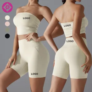Custom Logo Women's Stretch Tube Top Solid Fitness Running Shorts Gym Workout Strapless Bandeau Bra Yoga Set
