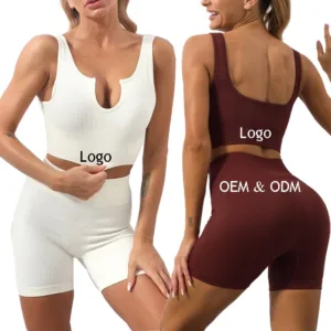 2 Piece Sports Bra and Shorts Set Ribbed Sexy U Neck Low Cut Exercise Fitness Sportswear Women Workout Gym Seamless Yoga Sets