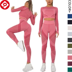 2 Piece Women Sportswear Gym Fitness Set Hollow Out Moisture Wicking Running Seamless Yoga Set