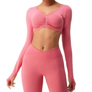 New Arrival Solid Color Lace Pleat Design Long Sleeve Crop Top and Leggings Set Gym Fitness Running Yoga 2 Piece Set for Women