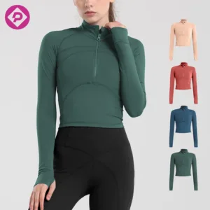 New Arrival Cropped Long Sleeve Gym Jacket Top Women Compression Pullover Athletic Outwear Slim Fit Half Zip Sweatshirt