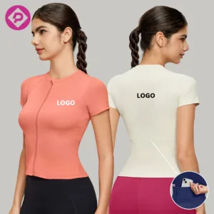 4 Colors Stitching Women Breathable Biking Top Tight Short Sleeves Back Pocket Yoga T-shirts with Zipper