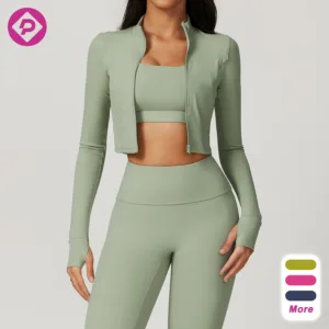 Outdoor Running Yoga Coat Full Zipper Tight Long Sleeve Stand Collar Women Nylon Sport Crop Top Jackets