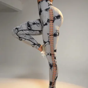 New Arrival Sports Gym Outfits Breathable Hollow Mesh Design High Waist Tight Tie Dye Yoga Pants Leggings for Women