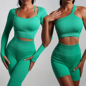 Custom Logo Sports Bra and Leggings Yoga Winter Quick Dry Running Seamless Ribbed Women Gym Fitness Sets With Chest Pad