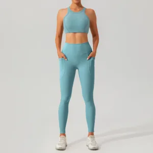 2023 New Fashion 2 Piece Gym Apparel Sports Bra and Leggings With Pocket Set Sexy Tight Butt Lift Ribbed Yoga Set for Women