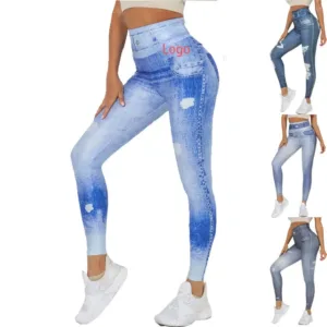 Custom Digital Print Denim Jeans Style Blue Tight Women Sport Leggings Running Fitness Yoga Pants Leggings
