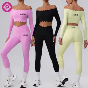 Custom Logo 2 PCS Sports Sets Workout Gym Wear Long Sleeve Crop Top High Waist Legging Gym Fitness Yoga Sets