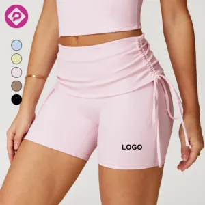 Flip Over Waist Nude Tight Yoga Shorts with Drawstring Outdoor Casual Pilates Sports Yoga Shorts for Women