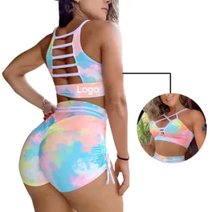 2 Piece Summer Holiday Swimsuit Push up Sports Bra and Shorts Set Tight Elastic Tie Dye Print Yoga Sets