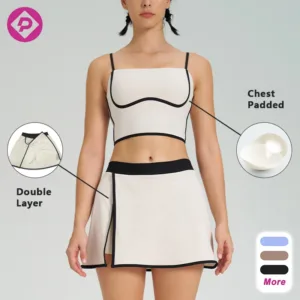 2 pcs Color Block A-line Tennis Skirt With Shorts Sportswear Athletic Sleeveless Sports Bra Workout Yoga Set