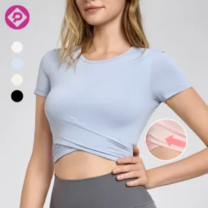Tummy Cross Design Short Sleeve Crop Shirts Fitted Running Gym Workout Cropped Yoga Tops for Women