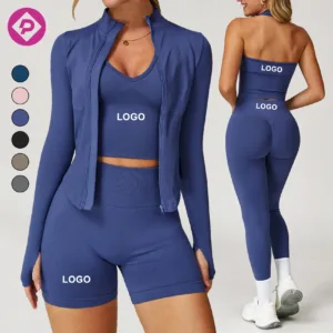 Seamless Ribbed Zipper Jacket Halter Bra Biker Short 5 Piece Set Hoty Top Scrunch Butt Short Gym Sport Yoga Set