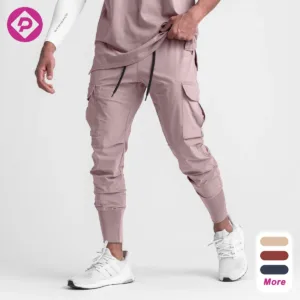 Men Gym Fitness Pant High Elasticity Drawstring Overall Side Back Pockets Running Cargo Sweatpants
