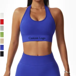 Hot Selling Women Fashion Exercise Yoga Custom Logo Ribbed Solid Color Sexy Open Back Halter Sports Bra