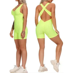 Women One Piece Gym Jumpsuits Casual Running Fitness Backless Bodysuit Bubble Jacquard Workout Jumpsuit With Chest Pad