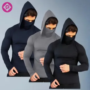 3 Pcs Sets Rash Guard Men's Sports One-Piece Long Sleeve Quick-Dry Shirt Breathable Outdoor Sports Tight Running Top with Mask