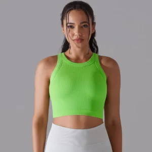 New Arrival Women Racerback Crew Neck Sleeveless Crop Tops Quick Dry Modest Solid Sports Workout Padded Tank Top