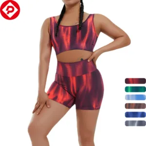 Women Summer Workout Outdoor Sportswear 2 Piece Sports Bra and Shorts Set Aurora Print Seamless Yoga Short Set