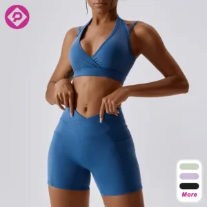 2pcs Sexy V Neck Halter Strappy Bra and Shorts High  Shockproof Quick Dry Fitness Wear Gym Yoga Set