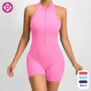 Wholesale Custom Logo Outfit High Elastic Fitness Scrunch Butt Shorts Yoga Jumpsuit One Piece Zip up Sportswear Women Bodysuit