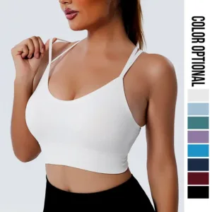 Women Yoga Seamless Bra Crop Top Workout Underwear Gym Running Backless Cross Back Strappy Sports Bra