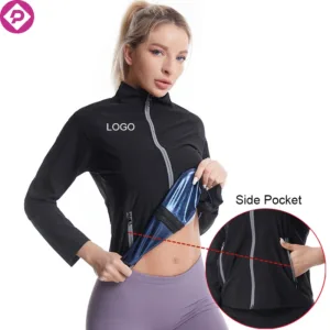 Gym Fitness Sauna Suits Custom Logo Running European Size Full Zip up Compression Jacket With Pocket for Women