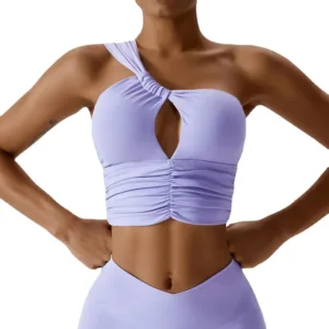 Women High-Waist Seamless Knitted Crop Top Quick Dry Solid Pleated One Shoulder Sports Bra Ladies Workout Yoga Shirt XL L Size
