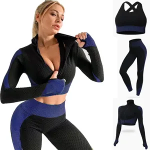 3 Piece American Workout Clothing Long Sleeve Crop Top Leggings Ribbed Plus Size Seamless Gym Fitness Yoga Sets