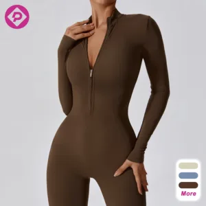 Half Zipper Long Sleeve Customized High Quality Bodysuits Fitness Casual Plain Slim One Piece Women Jumpsuits