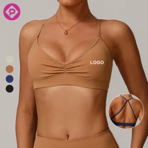 Pleated V Neck Comfortable Cross Back Sports Top Gym Fitness Bra High  Strappy Sexy High  Yoga Bras