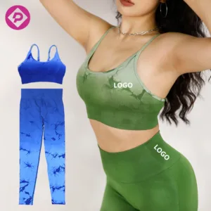 Women's Tie Dye Gradient Gym Wear High Waist Push-up Workout Elastic Ribbed Adjusted Straps Sexy Yoga Sets