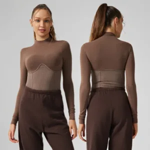 Fashion Gym Fitness Wear Knitted Blank Custom Logo Yoga Top Slim Fit Ribbed Compression Long Sleeve Sweatshirt for Women