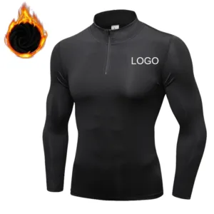 Winter Warmed Men Long Sleeve Compression T-Shirt Muscle Training Gym Fleece Stand-Collar Fitness Top Half Zip Sweatshirt
