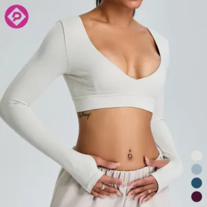 Wholesale Women Slim Fit Thumb Hole Full Sleeve Deep V Neck Design Padded Crop Top Gym Fitness Yoga Top