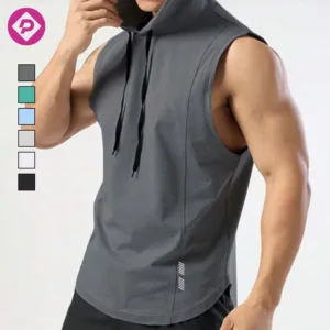 Hot Selling Custom Men's Hooded Sleeveless T-shirt Sports Quick Dry Reflective Striped Gym Blank Tank Top