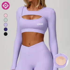 Stylish Front Hollow Women's Yoga Tops Long Short Sleeve Padded Shockproof Yoga Pilates T-shirt Ladies Crop Top