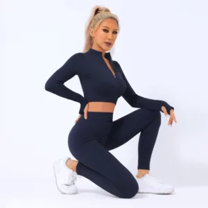 Custom Plus Size Long Sleeve Crop Top Yoga Set Solid Front Zipper High Waist Leggings Women Outfit Yoga Sets
