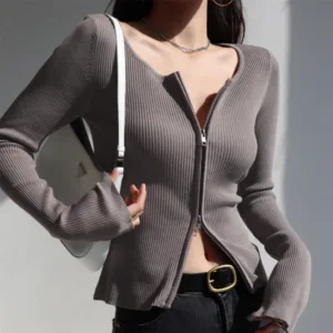 Winter Ladies Outdoor Coat Yoga Wear Knitted Solid Long Sleeve Double Full Zipper and Custom Sport Jackets for Women