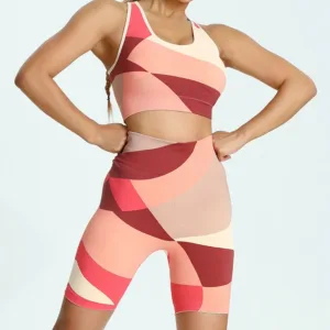 New Arrival Seamless Print Yoga Sets Female Gym Fitness Running Stitching Colorblock Workout Yoga Shorts Sets