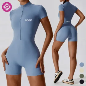 Half Zip One Piece Fitness Short Sleeve Gym Playsuits Breathable Wholesale Yoga Workout Jumpsuit for Women