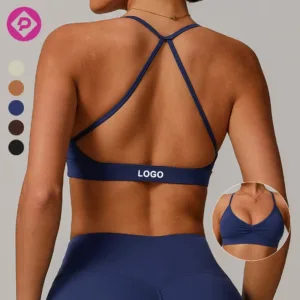 Personalise Logo Crossed Back Pleated V Neckline Yoga Top Gym Fitness Sports Workout Bras for Women